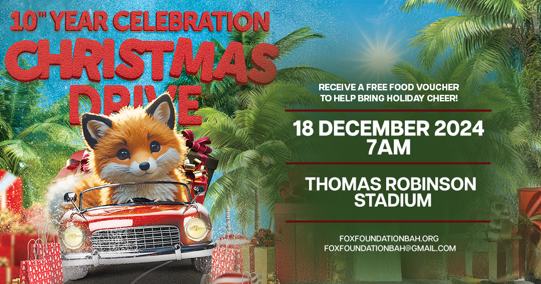 Flyer for a Christmas drive event celebrating its 10th year, featuring a cute puppy in a red car with presents, set against a tropical background with palm trees. The event details include date, time, location, and contact information.