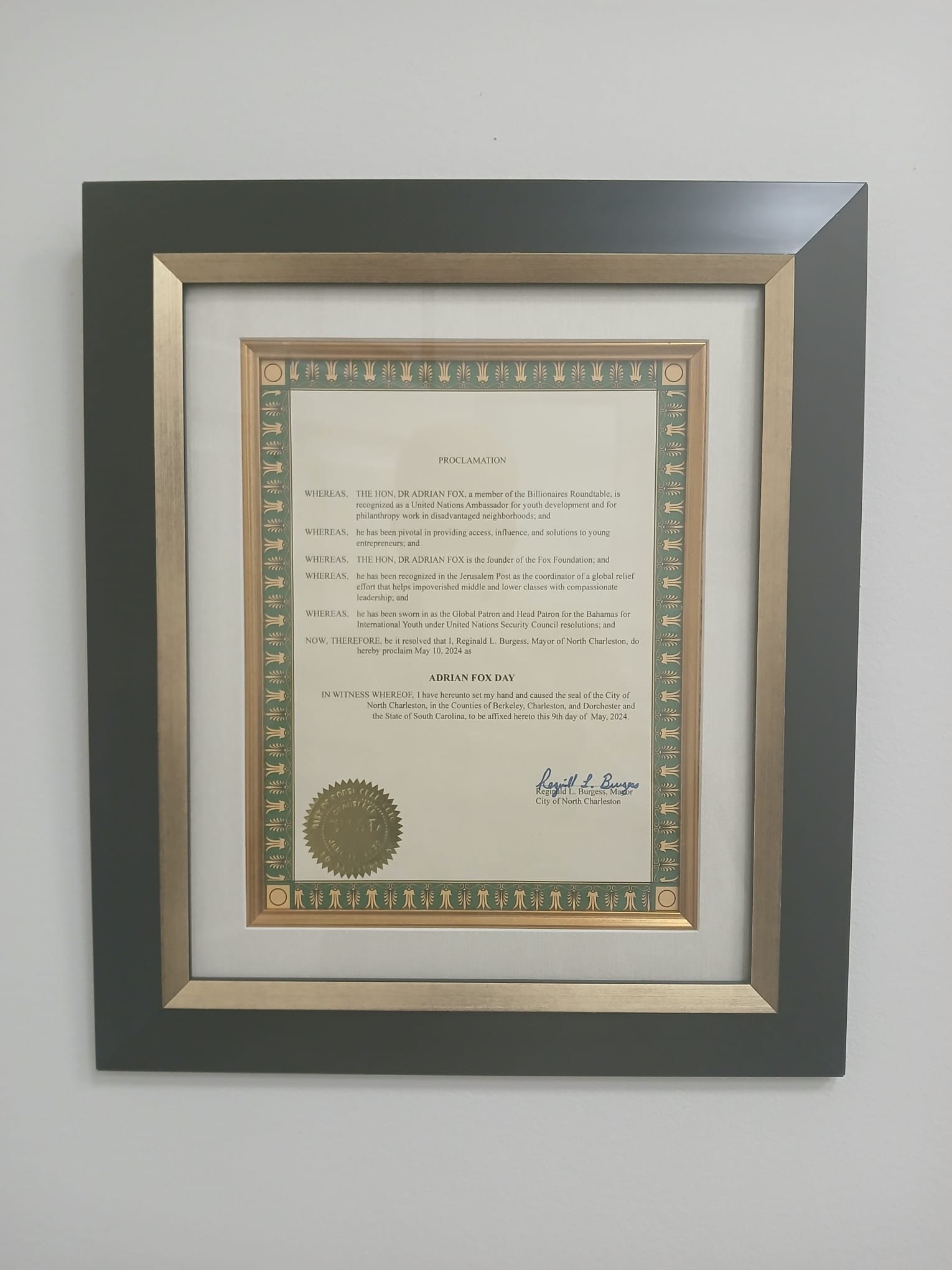 May 9th Declared as "Adrian Fox Day" in North Charleston, South Carolina